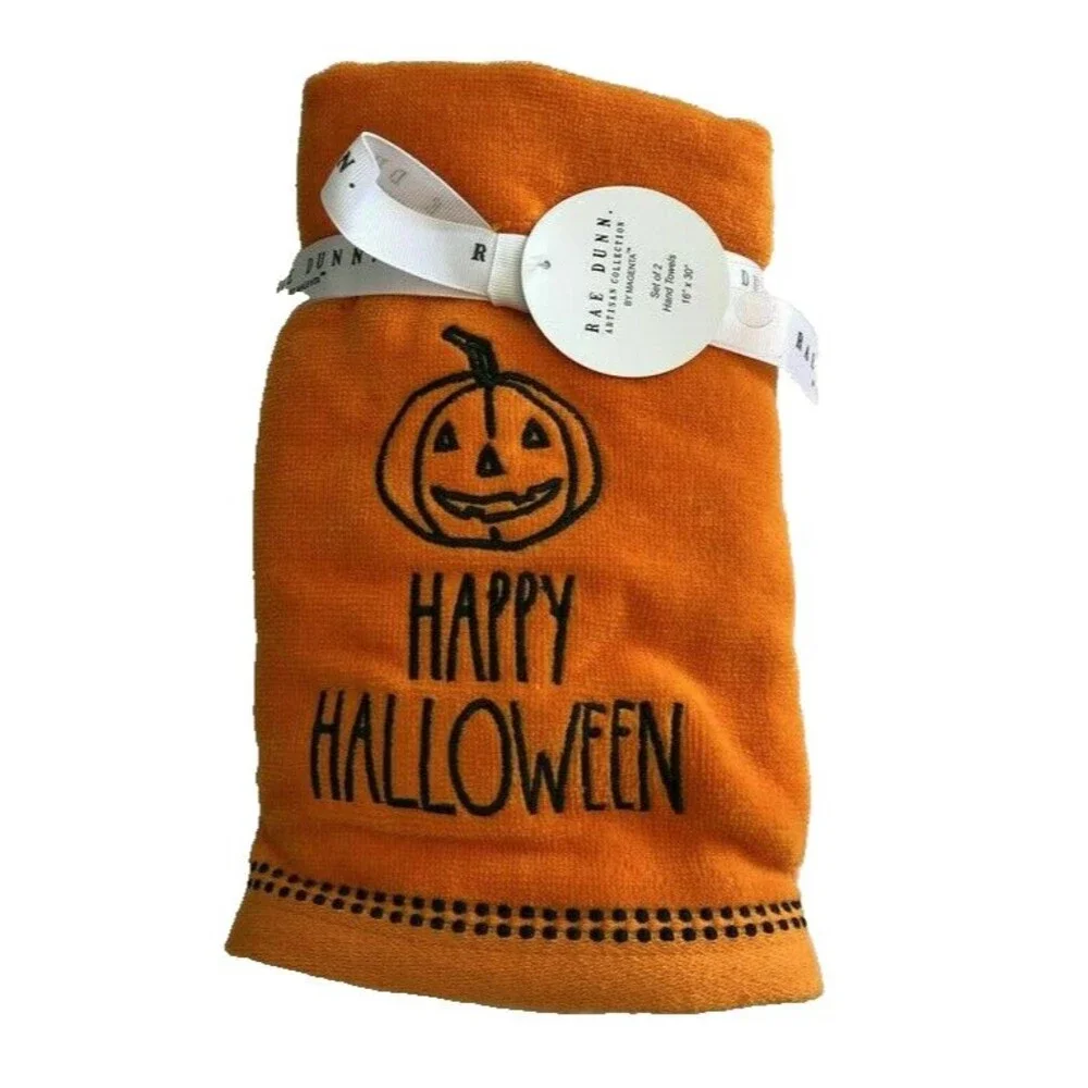 Rae Dunn Happy Halloween Hand Towels Orange Embroidered Pumpkin Cotton Set of 2